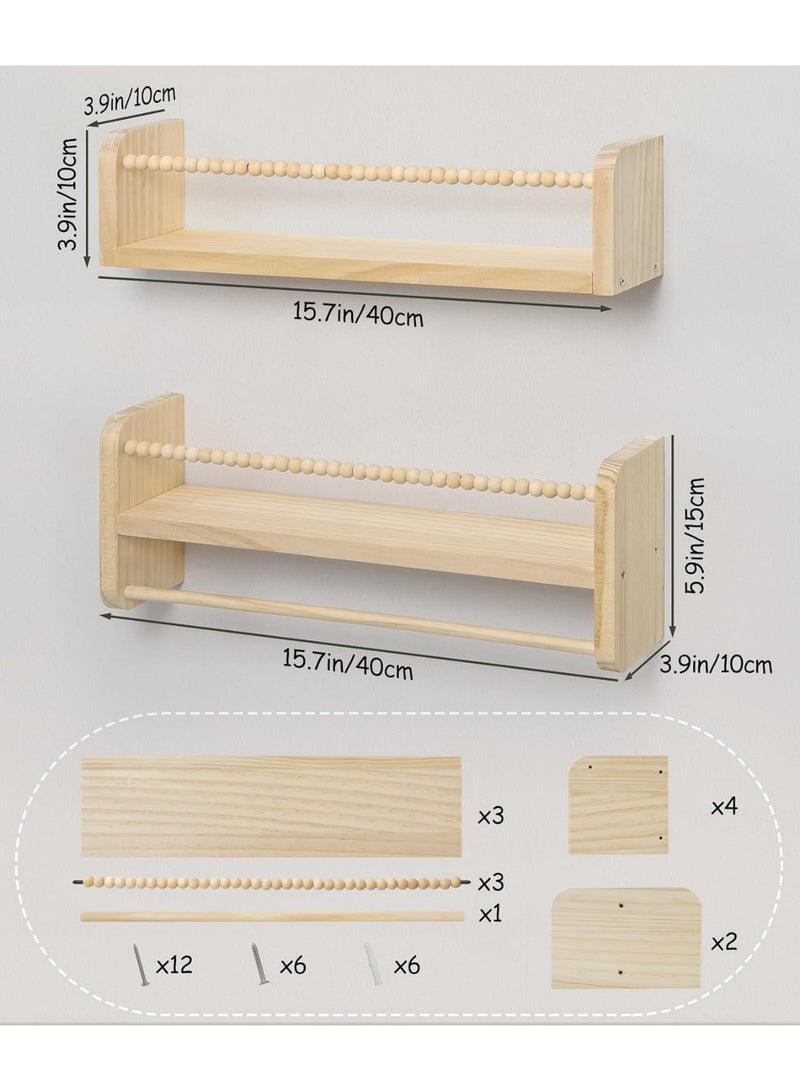 Nursery Shelves Floating Book Shelf for Wall, Kids Shelves for Bedroom Baby Bookshelf Decor, Solid Wood Small Shelving Organizer With Wooden Bead Design 40cm Set of 3 - Image 3
